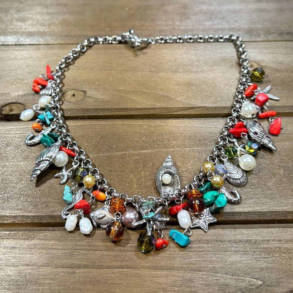 Choker Length Charm Necklace Beach Ocean Nautical Themed 15" Shell Fish Pearl